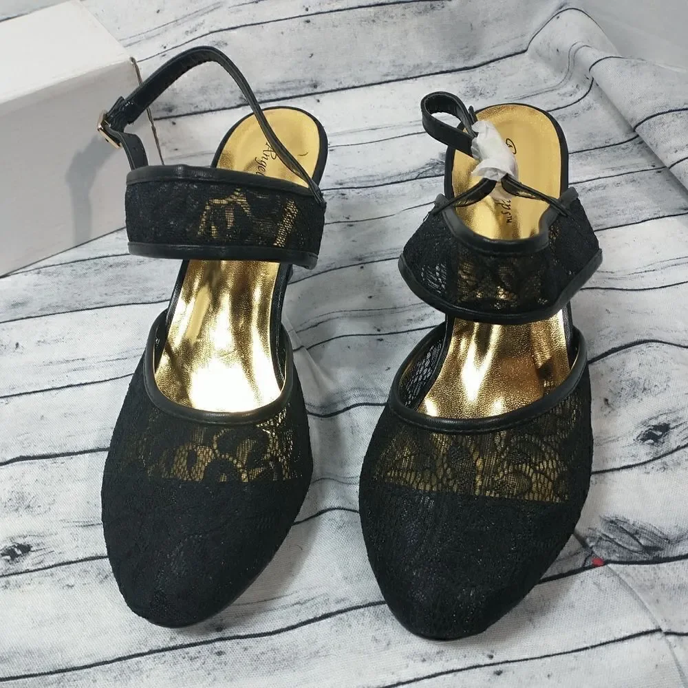 Angel Steps Womens Black Ankle Strap SZ 11W Sandle 2.5in Heel